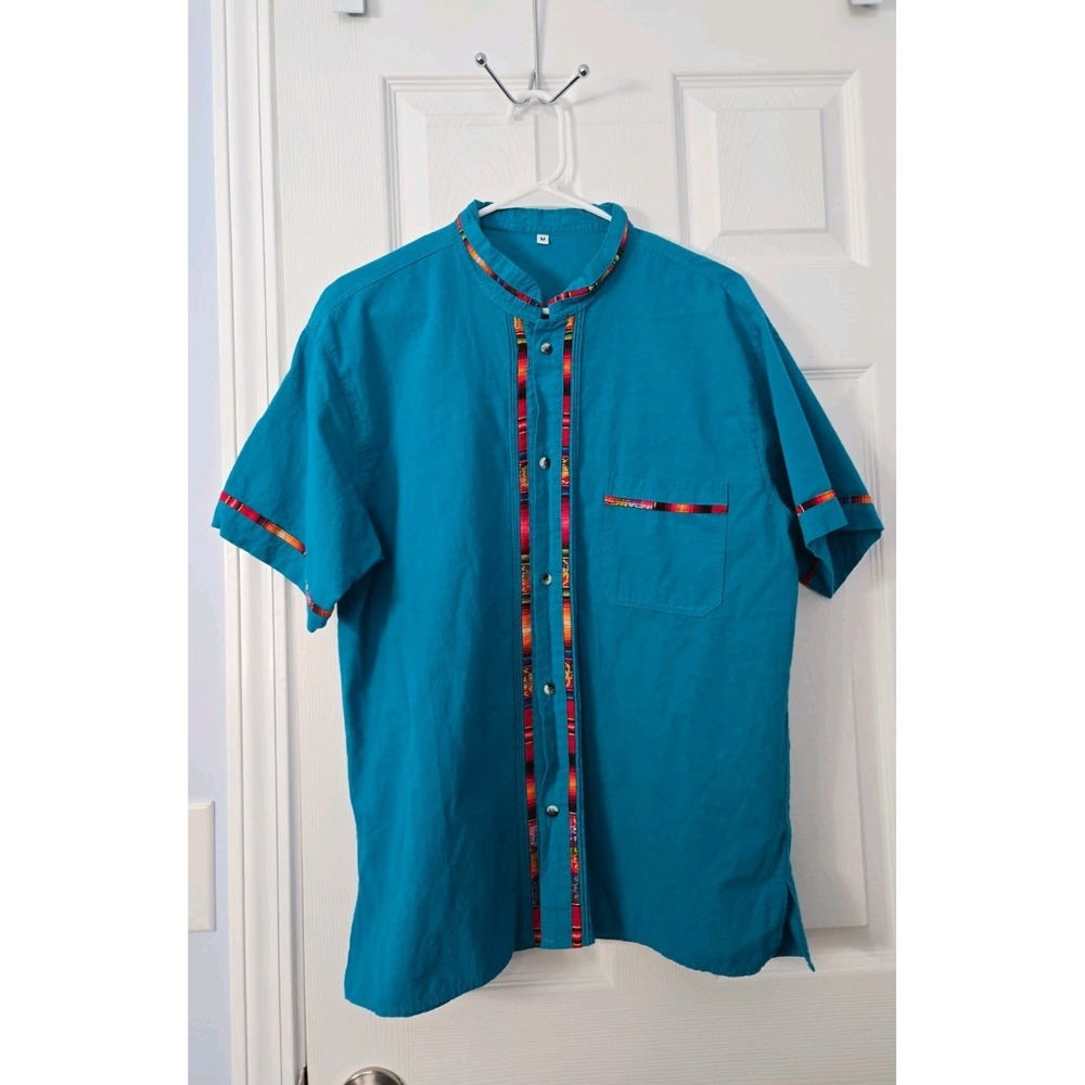 Guayabera Mexico Mens Short Sleeve Shirt Size Medium Turquoise Button-Up
